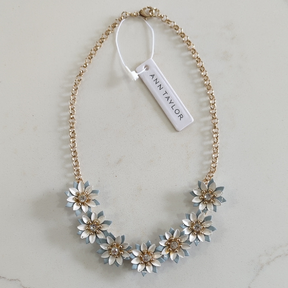 Ann Taylor Gold Chain with White & Light Blue/Gray Flower Cluster Necklace